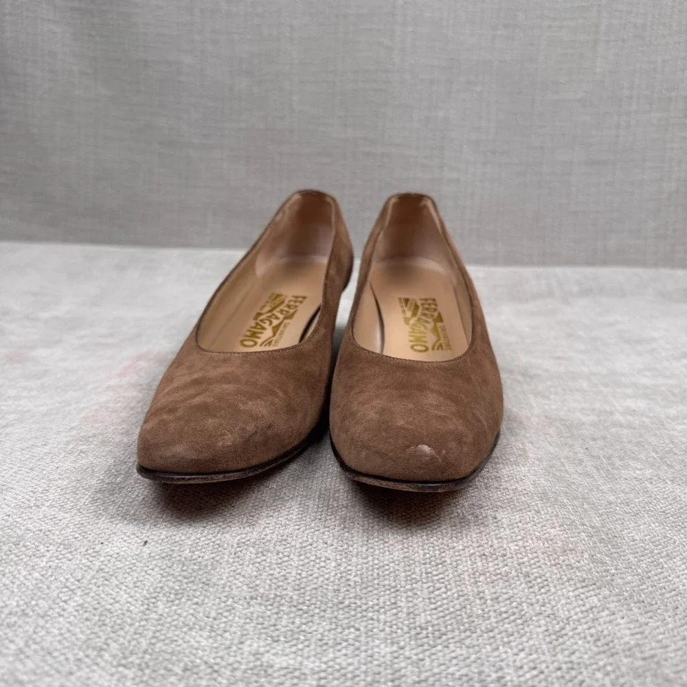 Salvatore Ferragamo Light Brown Suede Block Low Heels Size 8.5